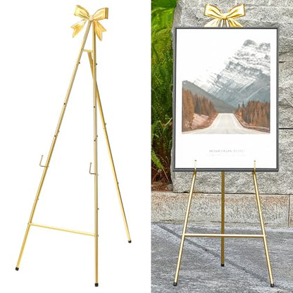 53”H Metal Gold Easel Stand for Sign Heavy Duty with Bow Top | Large Adjustable Display Standing for Wedding Displaying Pictures Poster Holder Showcasing - color: Golden bow top