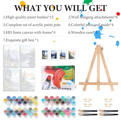 4 Pack Framed Paint by Numbers Kit for Adults Landscape with Wooden Easel - color: FOP4P-01