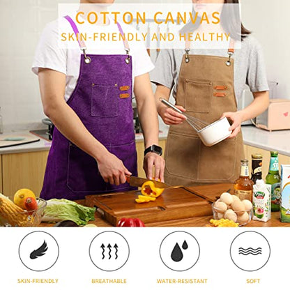 Tosewever Canvas Cross Back Chef Cotton Aprons for Men Women with Large Pockets - color: Purple