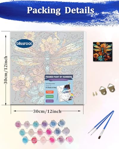 Blissroot Framed Paint by Numbers Kit for Adults Beginner&Kids Ages 8-12, 12x12inch Dragonfly Paint by Numbers with Frame, Large Flower Dragonflies Paint by Number Framed Canvas (Without Easel) - color: BR020F, size: 12"x12"