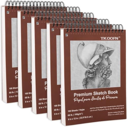 TKOOFN 5 Pack 9" x 12" SketchBooks Bulk,Top Spiral Bound Sketchbook | 100 Sheet Each,500 Sheets total,68lb/100gsm thick,Acid-Free,Sketch Drawing Paper Pad for Adult Kids Artists Beginners - color: 5 Pack, size: 9" x 12"