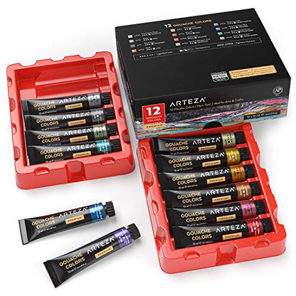ARTEZA Metallic Gouache Paint, Set of 12, 12ml/0.4 US fl oz Gouache Paint Tubes, Glitter Paint for Canvas and Paper - size: 0.4 Fl Oz (Pack of 12)