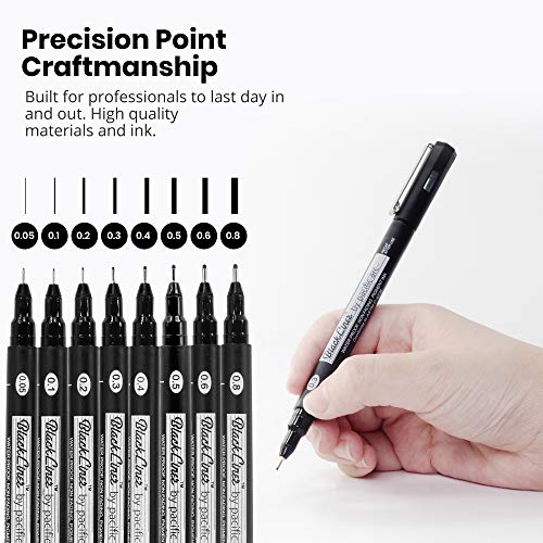 Pacific Arc Blackliner Black Fineliner Pens - Set of 8 Differently Sized Fine Drawing Pens for Artists, Sketching, Journaling, Hand Lettering, and Calligraphy - size: 8 Pack | All Sizes