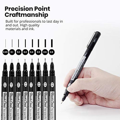 Pacific Arc Blackliner Black Fineliner Pens - Set of 8 Differently Sized Fine Drawing Pens for Artists, Sketching, Journaling, Hand Lettering, and Calligraphy - size: 8 Pack | All Sizes