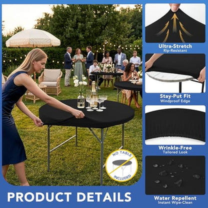 Round Fitted Tablecloth with Elastic-Black Spandex Table Covers 60 Inch | 4 Pack Spandex Stretch Windproof Washable Round Folding Banquet Tablecloths 5ft-Party Event Outdoor Wedding Trade Show Dining - color: Black, size: 60'' Round | 4 Pack