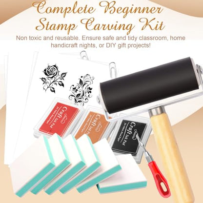 Linocut Stamp Making Kit with Rubber Carving Blocks 6PCS 2"x2", Block Printing Printmaking Kit with Carving Tools, Brayer Roller & Ink Pads, DIY Craft Supplies for Beginners Kids Adults
