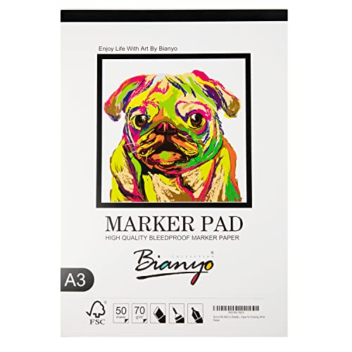 Bianyo XL Bleedproof Marker Paper Pad, A3(11.69"X16.54"), 50 Sheets, 18 LB / 70 GSM, Glue-Bound, 100% Cotton, White, Ideal for Use with Markers and Ink Mediums - size: A3(11.69*16.54"), 50 sheets
