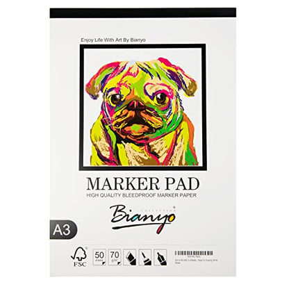 Bianyo XL Bleedproof Marker Paper Pad, A3(11.69"X16.54"), 50 Sheets, 18 LB / 70 GSM, Glue-Bound, 100% Cotton, White, Ideal for Use with Markers and Ink Mediums - size: A3(11.69*16.54"), 50 sheets