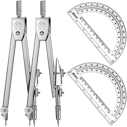 Zonon 2 Set Protractor and Compass Set, Student Geometry Math Set Drawing Compass and 6 Inch Clear Swing Arm Protractors 180 Degree Math Protractor