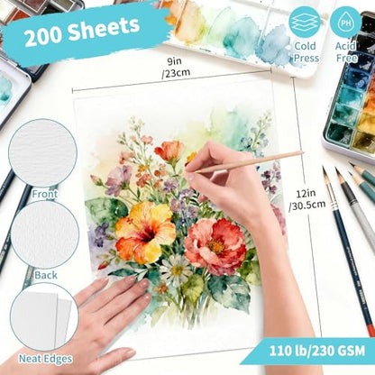 OSIMIG 200 Sheets 9x12” Watercolor Paper Bulk, 110lb/230gsm Cold Press White Thick Water Color Paper Pad, Drawing Painting Paper Bulk, Art Supplies for Kids & Adults