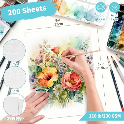 OSIMIG 200 Sheets 9x12” Watercolor Paper Bulk, 110lb/230gsm Cold Press White Thick Water Color Paper Pad, Drawing Painting Paper Bulk, Art Supplies for Kids & Adults