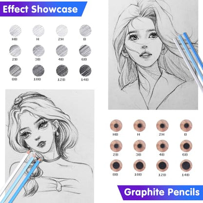 Professional Drawing Set,12 Colored Pencils,12 Graphite Pencils,Eraser,Case - color: Set-Macaron