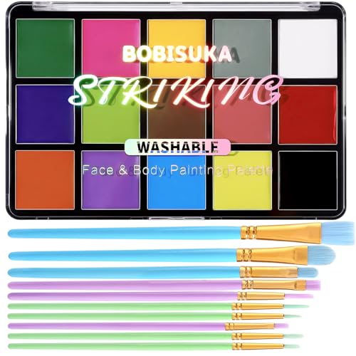 BOBISUKA Face Body Paint Palette + 10PCS Brushes Set, 15 Color Professional Face Painting Pallet Kit for Art Theater Halloween Party Cosplay Clown SFX Makeup for Women Adults, Non-Toxic Washable - color: 15 Color Palette A + Brushes