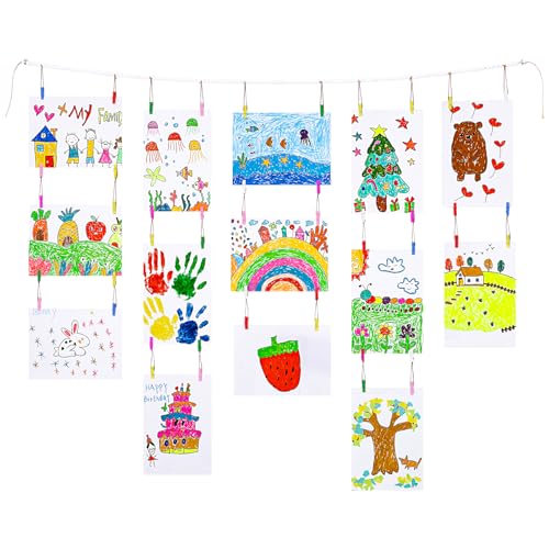 KLOGTSIND Kids Art Display Wall Decor, Wood Beads Garland with 34 Clips - color: Multicolor