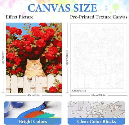 ZRIZQ Paint by Numbers Kit for Adults Beginner Animal,Cat Rose,16x20 | Full set with wooden brushes,rolled canvas,rich paints.Calming activity.Beginner friendly.Just open and paint. - color: 16"X20"Rolled Canvas(Frameless)-Cat 13