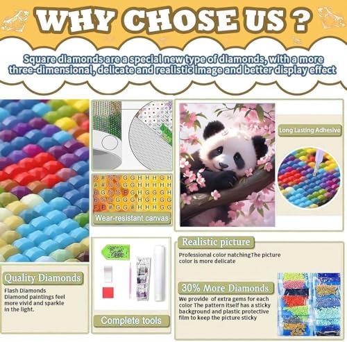 ZeeLionArt Diamond Art Kit, Cute Panda Cherry Blossoms, 12 x 16 Inch | Cute Animal Gem Art, 5D DIY Full Square Drill Diamond Painting Kit for Adults, Wall Art Decor Gift - color: DP04191