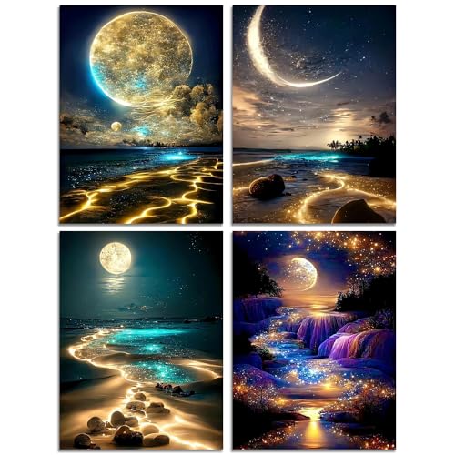 Muzagroo Art Moon Diamond Painting Kits for Adults 5D Diamond Art Kits for Beginners DIY Diamond Arts and Crafts for Living Room Diamond dots Kits Kids Room 4 PCS Wall Art(Moon) - color: 11-Moon