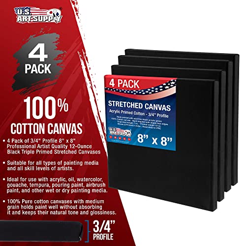 U.S. Art Supply 8x8 Black Mini Canvases for Painting, 4 Pack Bulk Small Stretched Artist Canvas Professional Primed - Ideal for Arts & Crafts, Heavy-Weight Gesso - Acrylic Pouring, Oil - size: 8" x 8"