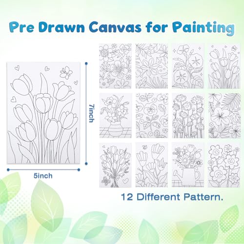 Louise Maelys 5x7 Inch Pre Drawn Canvas to Paint,12 Packs Floral Theme - color: Flower
