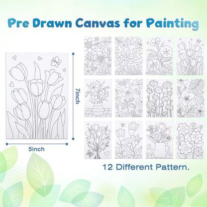 Louise Maelys 5x7 Inch Pre Drawn Canvas to Paint,12 Packs Floral Theme - color: Flower