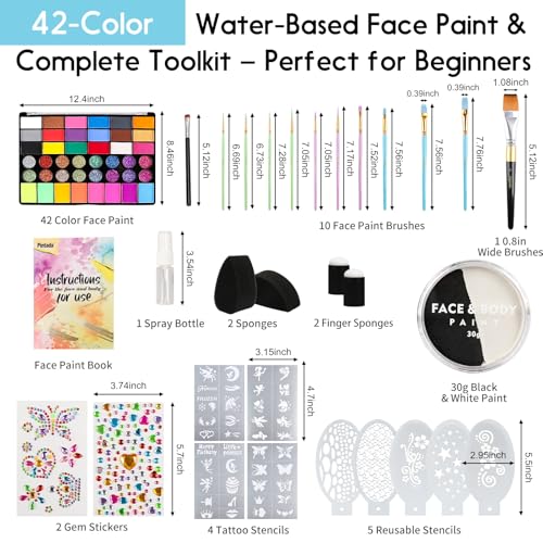 Pintada 42 Color Face Painting Kit for Kids - Non Toxic Water Based Face Paint Palette With Black and White Face Paint, Stencils, Brush, Gems. For Carnival, Halloween, Costume Makeup - color: 42 Colors + 30g Black and White Paint