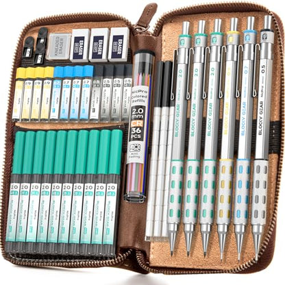 Nicpro Blocky Gear Metal Mechanical Pencil Set with Leather Case | 40PCS Art Drafting Pencil 0.5/0.7/0.9/2mm Lead Pencil with 352PCS (HB 2H 4H 2B 4B 6B Color) Lead Refill for Sketching Drawing - style: 6 PACK with Leather Bag