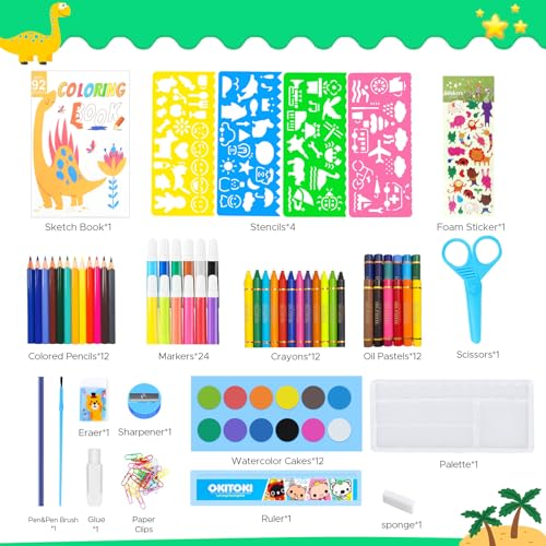homicozy Art Supplies, Dinosaur Drawing & Coloring Set with Crayons, Colored Pencils, Markers, Sketchbook, Watercolor Cakes, Stencils, Arts and Crafts Painting Kit for Kids Ages 4-10, Girls Boys Gift - color: Green Dinosaur