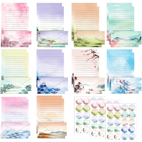 TaoBary 160 Pcs Ink Painting Stationery Paper and Envelopes Set 50 Double Sided Lined Stationery Paper with 50 Matching Envelopes and 60 Round Dot Sticker 8.5 x 11'' Letter Writing Kit, 10design - size: 8.5 x 11 Inch, style: Ink Painting