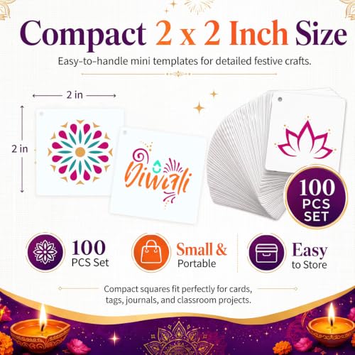 100 Pcs Small Stencils for Crafts, 2 Inch Reusable Cute Stencils for Painting on Wood DIY Craft for Drawing Templates Wall Home Decor Canvas Fabric (Diwali) - style: Diwali