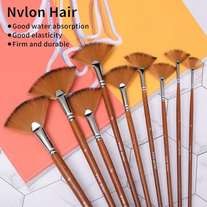 Artist Fan Paint Brushes Set,9 Pcs Professional Soft Anti-Shedding Fan Brush for Acrylic Oil Watercolor Gouache Painting Kits with Long Handle Nylon Hair