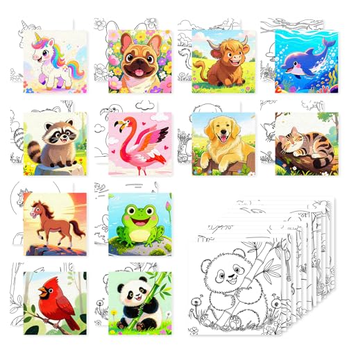 Animal 12 Packs Pre Drawn Canvas to Paint, Pre Printed Canvas for Painting, Pre Stretched Canvas Outline Painting Boards for Beginners, Students, Party Favors - color: animal
