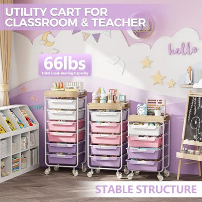 SYKIARIOL Utility Cart with 5 Labeling Drawers and Wooden Tabletop,Purple - color: Dreamy Color, size: 5-Drawer