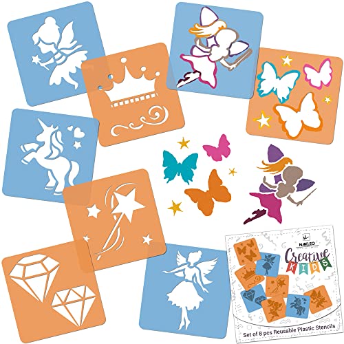 NAKLEO Painting Stencils for Kids, 8 Pcs Set 6x6” Fairies Tales, Children Creative Drawing Templates Plastic and Reusable, DIY Decoration Arts and Crafts, Paper Wall Wood Fabric - color: FAIRIES – TALES