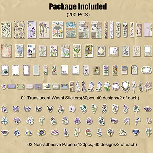 Esweny 200PCS Vintage Scrapbooking Supplies Kit, Scrapbook Sticker Paper Pack for for Planners Aesthetic Cottagecore Room Decor Wall Art Collage Album - style: Purple Series