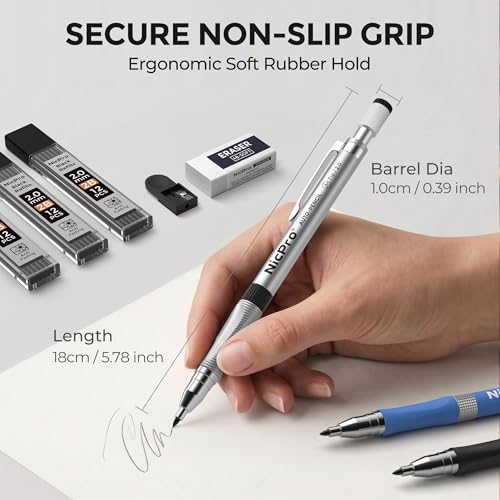 Nicpro 29 Pieces 2mm Mechanical Pencil Set, 9 PCS Drafting Carpenter Pencils 2.0 mm for Art Drawing Sketching construction with 192 Lead Refills Pre-Sharpen HB & 2B & Colors, 2 Erasers, 2 Sharpener - color: ‎Silver