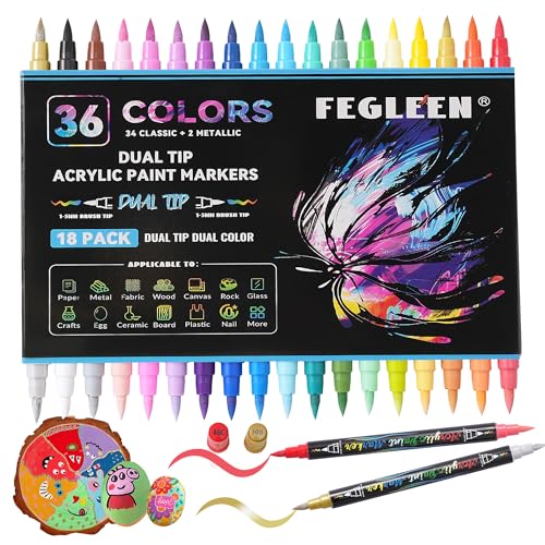 36 Colors Acrylic Paint Markers,18 Pack Dual-Color Acrylic Paint Pens with Brush Tip Contain 2 Metallic Colors for Rock Painting,Egg,Wood,Glass,Canvas,Fabric,Ceramic,Crafts,Art Supplies (36 Colors) - color: 36 Colors