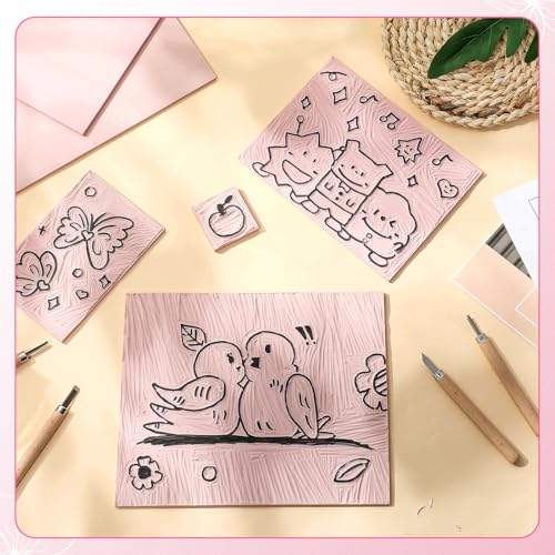 MotiMind 8 Pcs 4 Sizes Linoleum Blocks for Printmaking, Pink Rubber Stamp Carving Blocks, Soft Rubber Carved Bricks for DIY Printmaking Stamps Making and Craft Projects - size: 4 Sizes