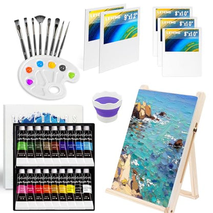 LEYEMO 34 PCS Acrylic Art Paint Set for Kids & Adults | Art Painting Supplies Kit with 18 Acrylic Paints, 8 Brushes, 5 Paint Canvas, Easel & Palette for Beginner Artists