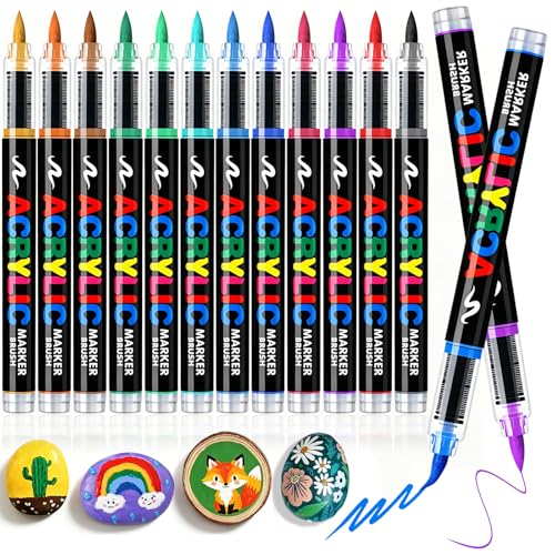 Acrylic Paint Markers Brush Tip 12 Colors, Soft Brush Tip Acrylic Paint Pens with Automatic Ink Control, Water-Based No-Bleed Paint Markers for Rock Painting Fabric Wood Ceramic Metal DIY Crafts - color: 12 Color Acrylic Paint Markers