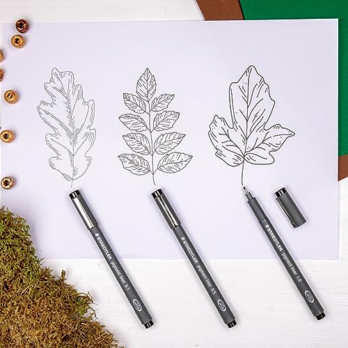 STAEDTLER 308 Pigment Liner Fineliner Pen | Ideal for Writing, Sketching, Technical Drawing, Marking Out | Black Ink | In Envelope Gift Packaging | Fine Pack of 3 | 0.3mm, 0.5mm, 0.8mm
