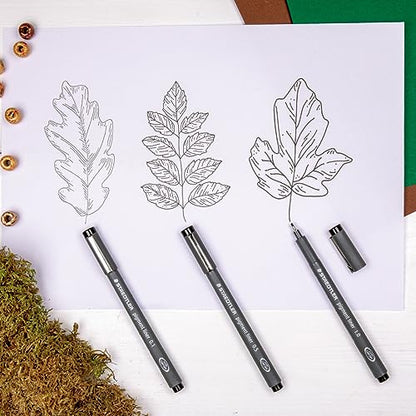 STAEDTLER 308 Pigment Liner Fineliner Pen | Ideal for Writing, Sketching, Technical Drawing, Marking Out | Black Ink | In Envelope Gift Packaging | Fine Pack of 3 | 0.3mm, 0.5mm, 0.8mm