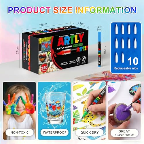 320 Colors Soft Brush Tip Acrylic Markers Set, Paint Pens for Rock, Wood, Fabric, Canvas, Glass, DIY Crafts, Waterproof Paint Markers, Vibrant Acrylic Pens for Artists and Art Projects - color: 320 colors