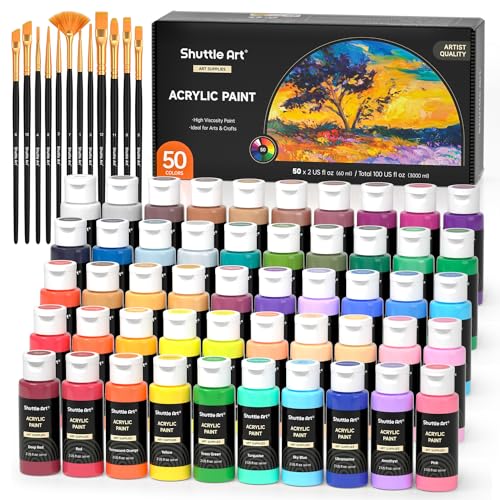 Shuttle Art Acrylic Paint, 50 Colors Acrylic Paint Set, 2oz/60ml Bottles, Rich Pigments, Water Proof, Premium for Artists, Beginners and Kids on Canvas Rocks Wood Ceramic Fabric - color: Regular, size: 2 Fl Oz (Pack of 50)