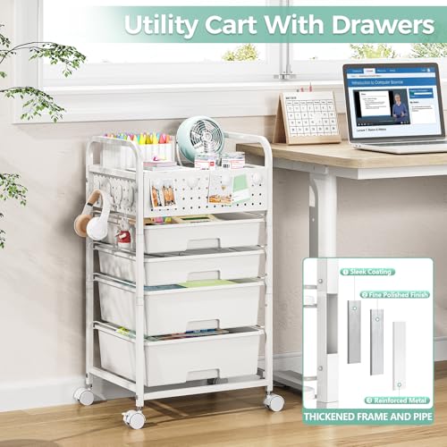 SYKIARIOL 4 Drawer Rolling Storage Cart with Pegboard Top and Hooks, White - color: White, size: 4-Drawers
