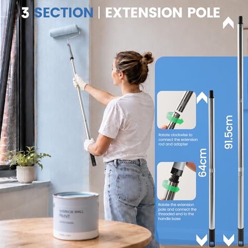 VOOMEY Paint Roller Kit with Adjustable Extension Pole(13.4-36 Inch) | Paint Tray, Brushes and Roller Covers for Interior Wall, Ceiling and Home Painting Projects - size: 9 Inch Kit with Extension Pole