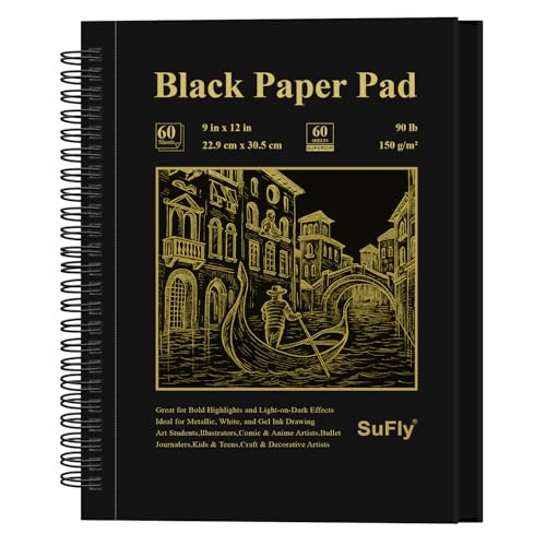 SuFly Black Paper Notebook, 60 Sheets Spiral Bound Sketch Book 9x12, 90lb/150gsm Black Art Paper for Drawing and Painting. - color: Black, size: 9-x-12-inch:1 Pack