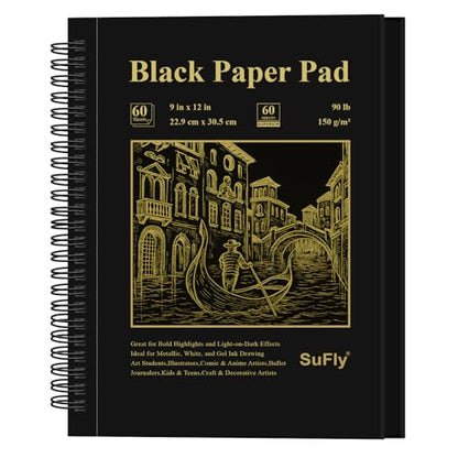 SuFly Black Paper Notebook, 60 Sheets Spiral Bound Sketch Book 9x12, 90lb/150gsm Black Art Paper for Drawing and Painting. - color: Black, size: 9-x-12-inch:1 Pack