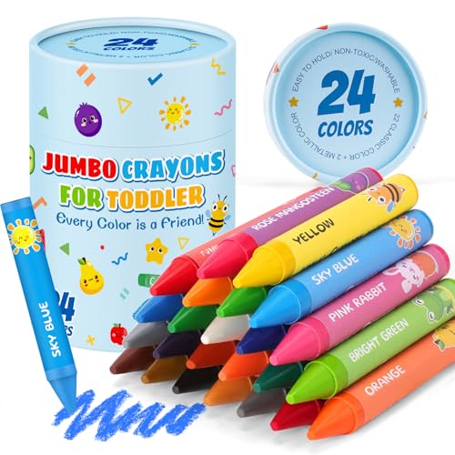 24 Colors Jumbo Crayons for Toddlers 1-3.Washable Non-Toxic Crayons for Kids 4-8.Easy to Hold Unbreakable Big Toddler Crayon for Toddler Coloring.Best Present for Easter Basket Stuffers,Holiday,Travel - color: Multicolor B