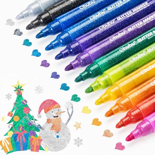 Ohuhu Glitter Marker Pens 12 Colors Fine Tip for Painting Coloring Crafts - color: 12 Colors, size: Medium Tip 3mm
