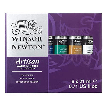 Winsor & Newton Artisan Water Mixable Oil Paint, Starter Set, 6 x 21ml | Clean with water; no solvents needed. Color depth, lightfastness, opacity/transparency are the same as traditional oils. - style: Starter Set 6 x 0.71-oz